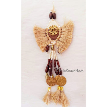 Beige Tassels With White Acrylic And Brown Wood Button In Kundan Stones, Wood Beads, Pearls